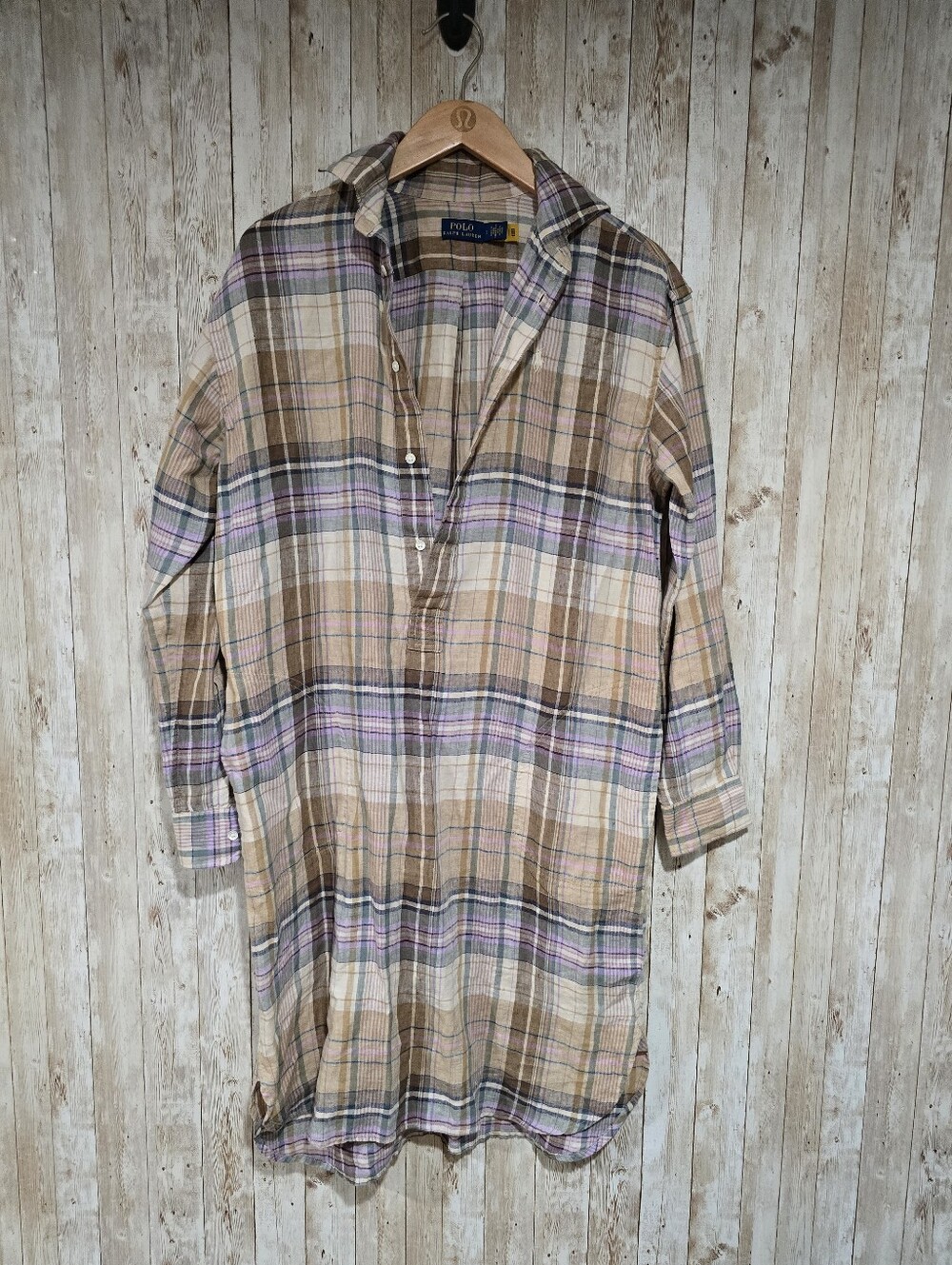 Polo Ralph Lauren Lagenlook Plaid 100% Linen Shirt Dress 2 Oversized Pony